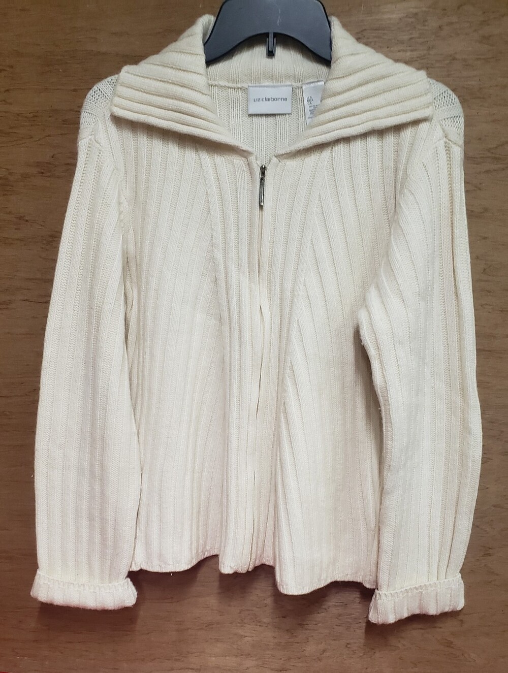 Liz  Claiborne Cream Long Sleeve, Ribbed, High Neck Sweater Cardigan Large